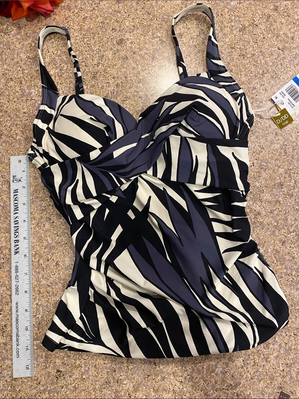 Anne Cole Twist Front Tankini Top 32DD 34D 25MT26545 NWT Black White Geometric